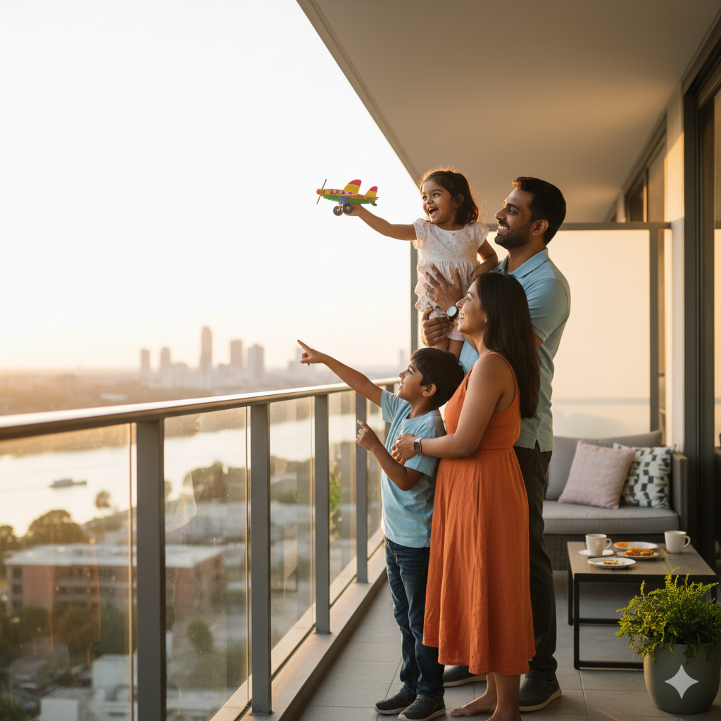 Happy family on balcony protected by stainless steel balcony grill from Fusion Design Hyderabad.